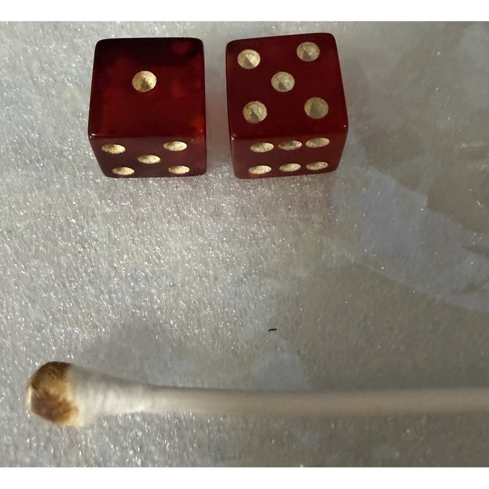 Vintage Red Bakelite Dice Pair 5/8" Translucent Cherry Red White Pips Tested - Picture 5 of 6